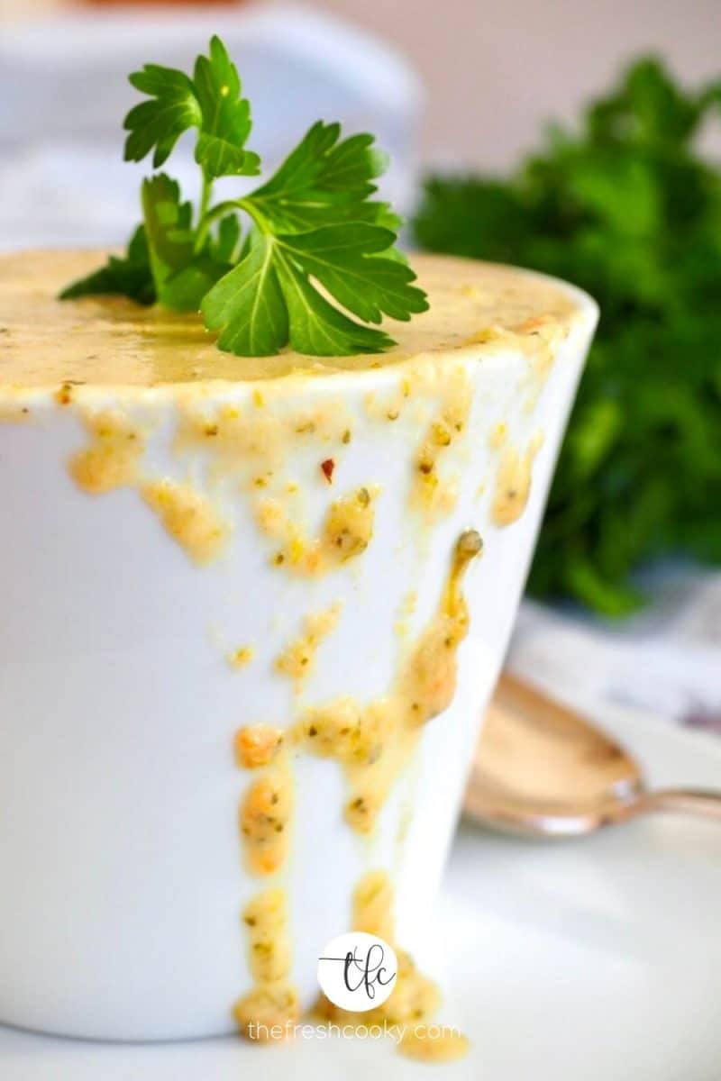 Image of copycat broccoli cheese soup in tall white bowl with sprig of parsley on top.