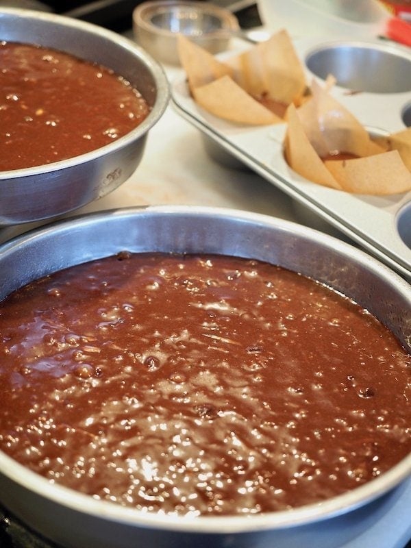 cake batter in pans and cupcake tin ready for oven | www.thefreshcooky.com