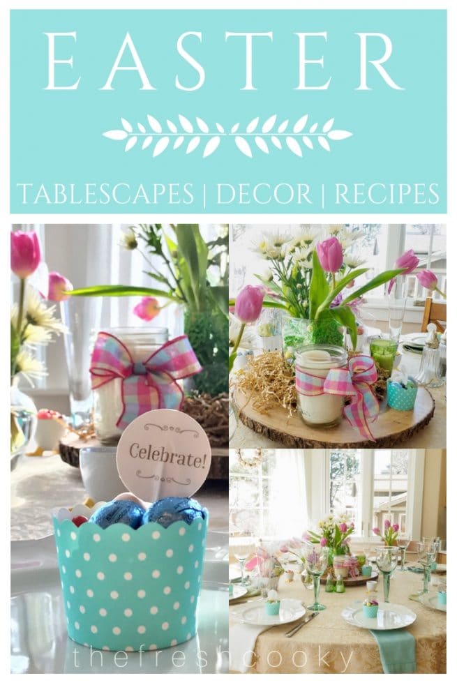 Pin for Easter tablescapes and decor with images of pretty Easter table settings. 