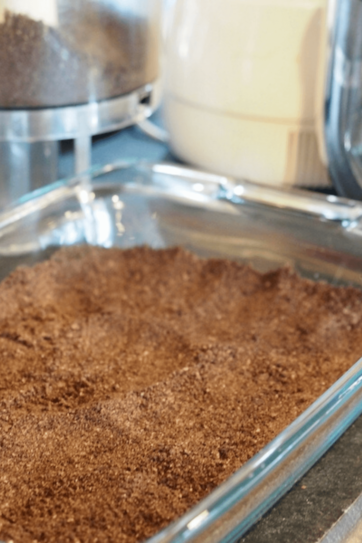 Cookie crust pressed into glass pan. 