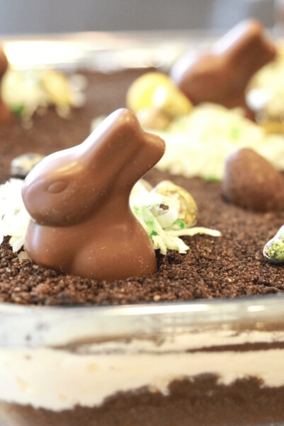 Easter Dirt Cake image with chocolate bunny nestled in the dirt with coconut grass.