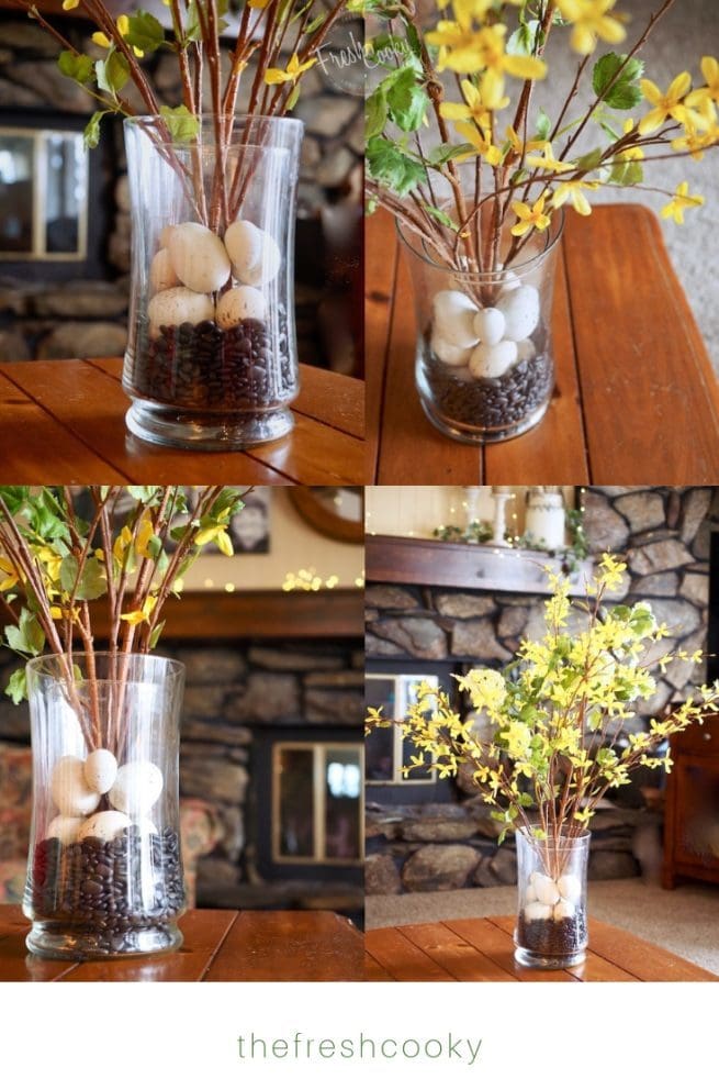 4 pictures showing various angles of spring floral arrangment