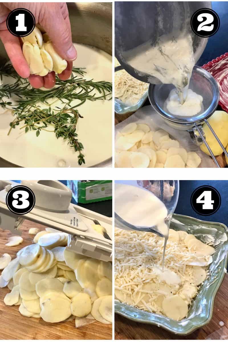 Process shots for gratin potatoes 1. hand with garlic cloves placing into cream mixture with fresh rosemary. 2. Straining garlic and herbs out of cream mixture. 3. mandolin slicing potatoes thin, 4. layering the cream mixture with cheese and potatoes.