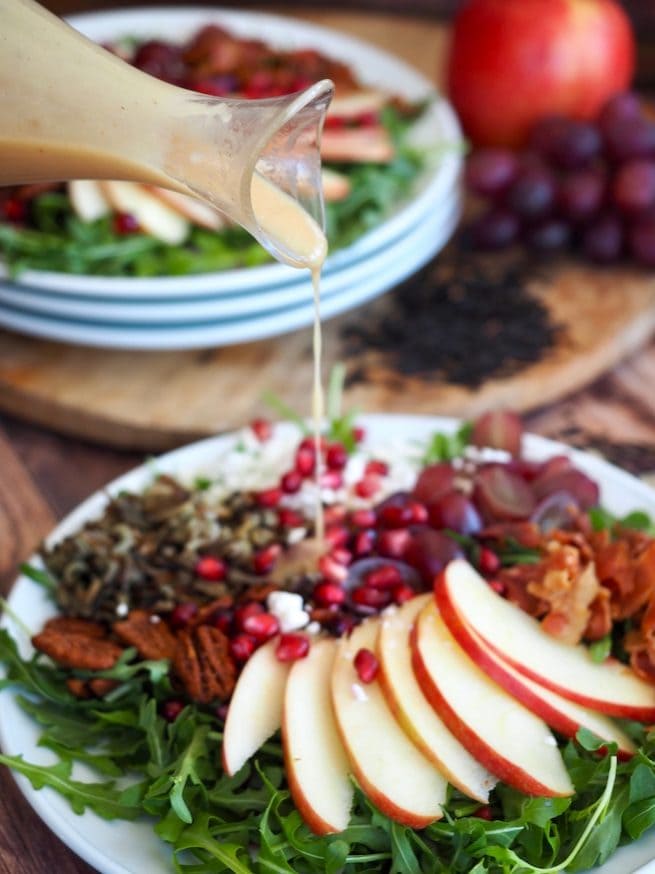 Pouring dressing on Harvest Wild Rice Salad | www.thefreshcooky.com