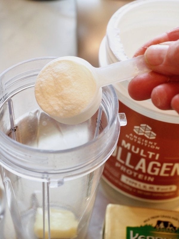 Pouring in collagen powder for Bulletproof coffee | www.thefreshcooky.com