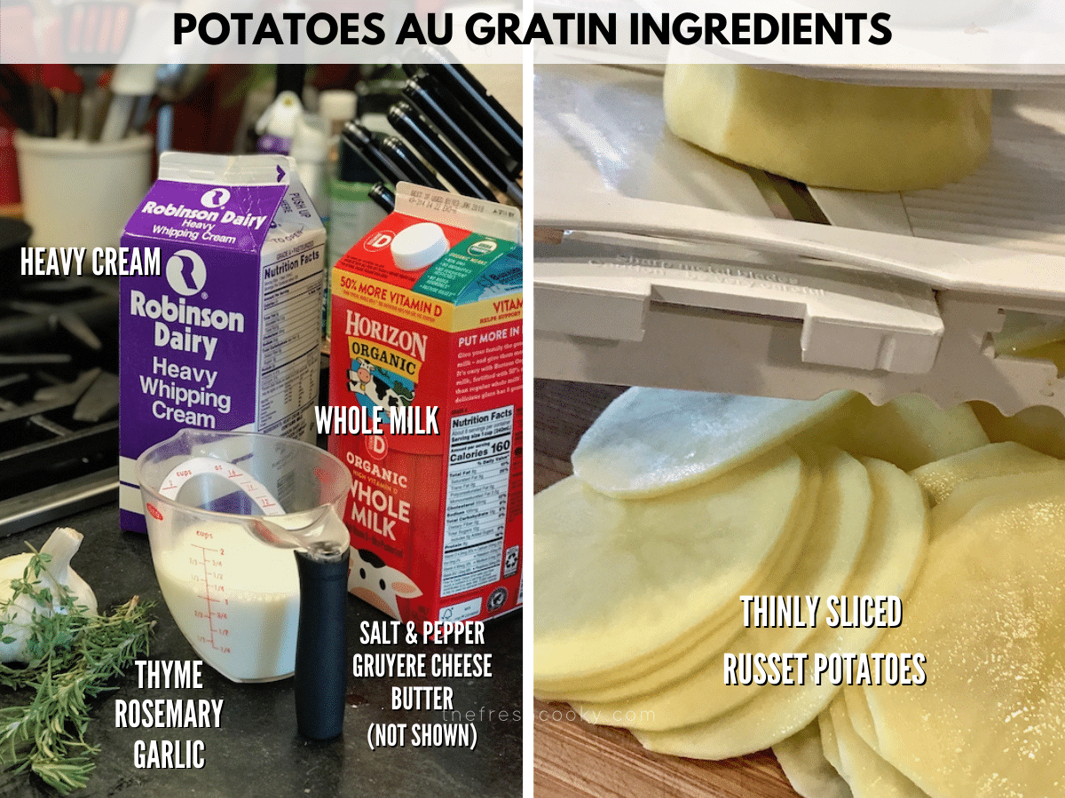 Potatoes au gratin ingredients shot, L-R heavy cream, whole milk, fresh thyme, fresh rosemary, fresh garlic and sliced potatoes.