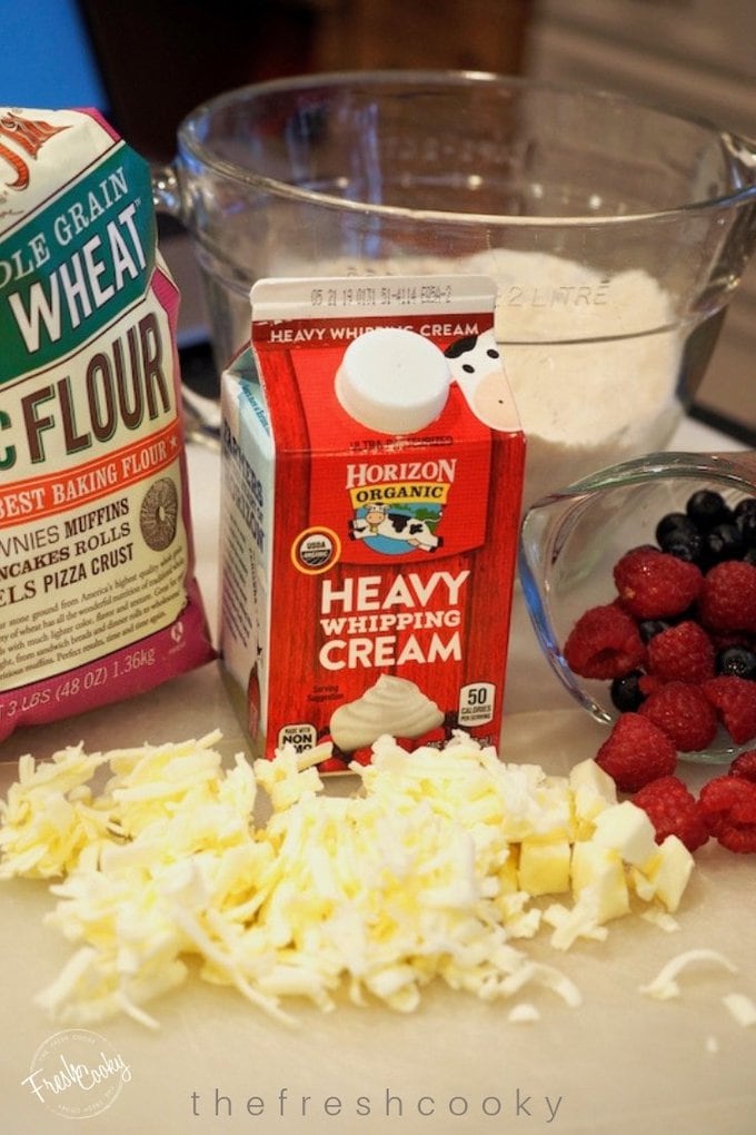 butter, cream, raspberries, flour for Raspberry Scones, ingredients for raspberry scones. 
