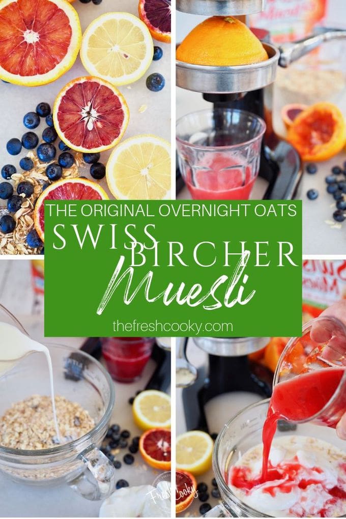 Pin with 4 difference images of the process of making bircher muesli, or protein overnight oats. 