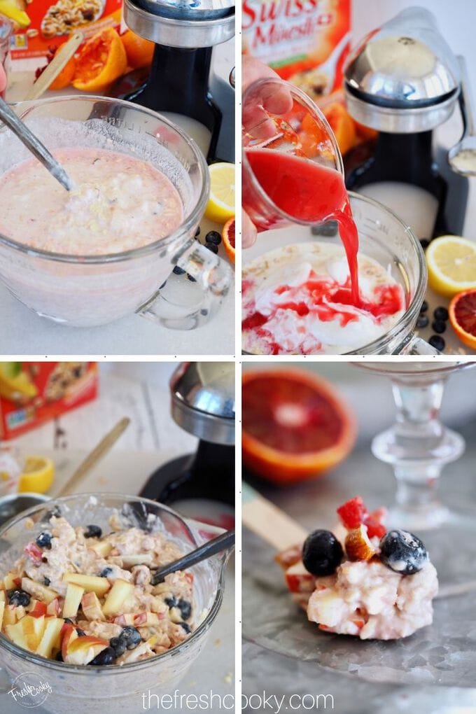 Process shots for Swiss Bircher Muesli recipe, mixing ingredients together in mixing bowl.