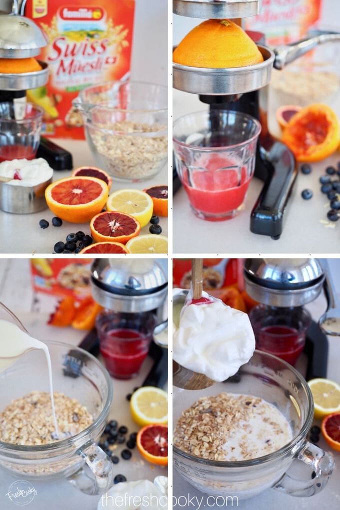 Process shots of making protein overnight oats, adding muesli to bowl, pouring yogurt and milk.