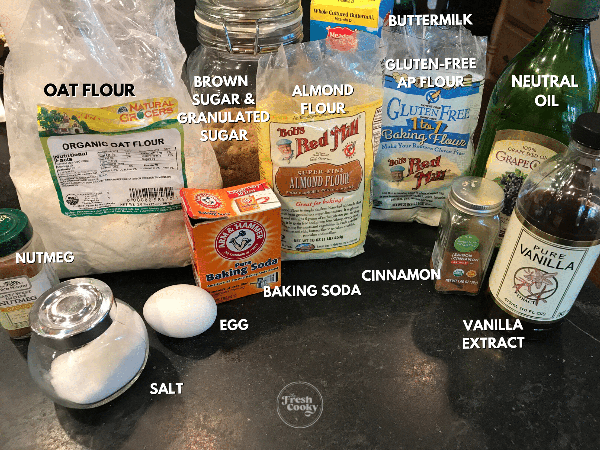 Labeled ingredients for gluten-free coffee cake recipe.
