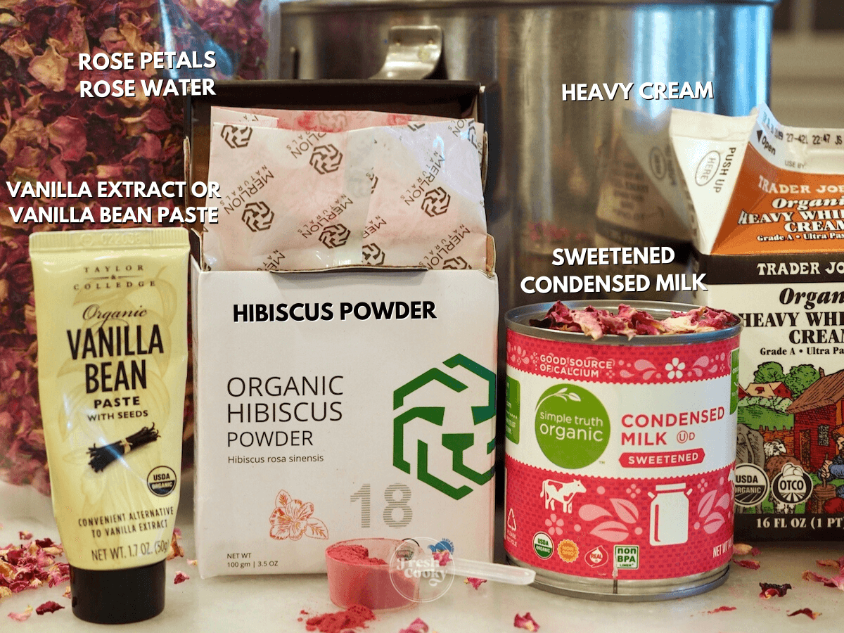 Labeled ingredients for rose ice cream recipe.