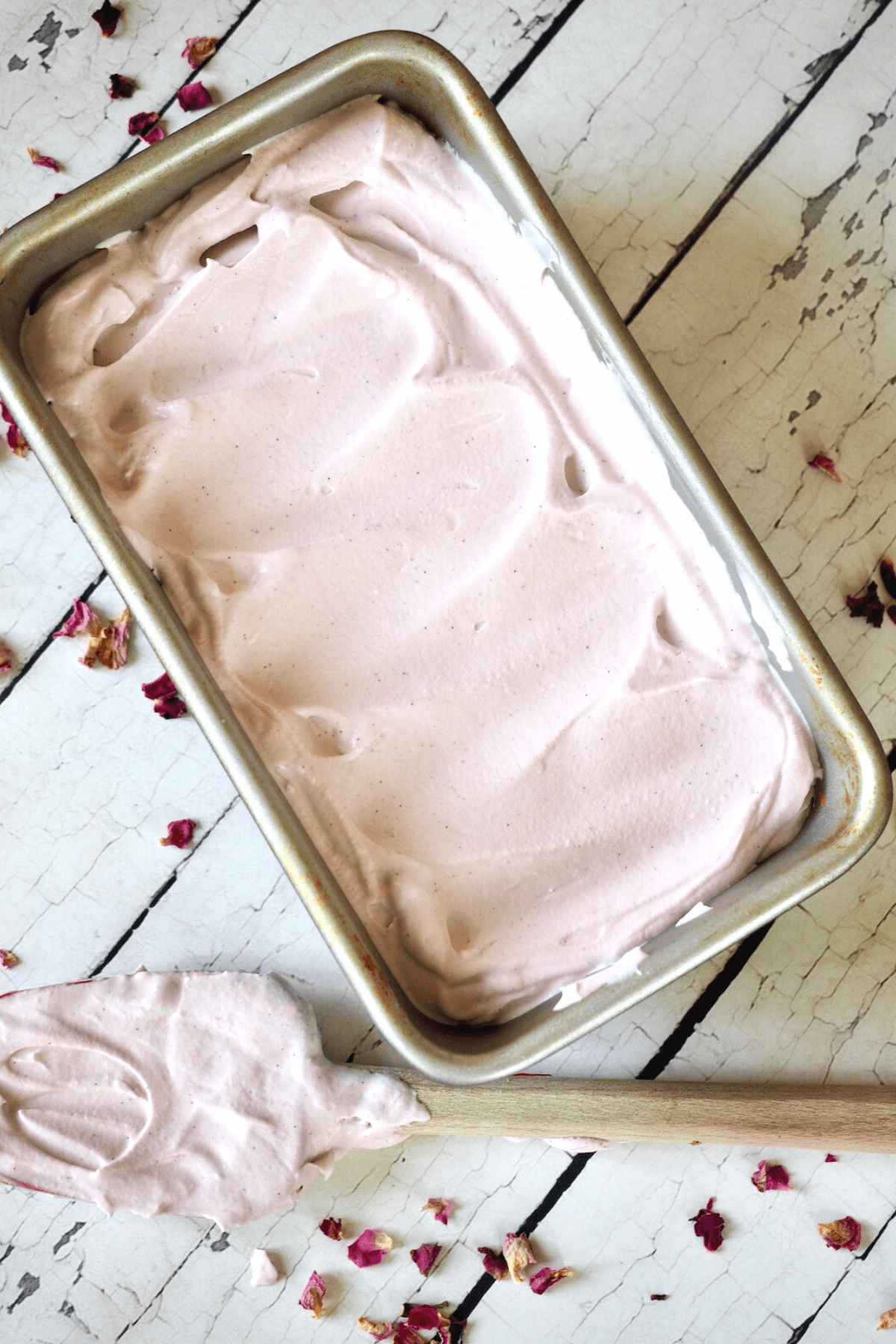 Smoothed top of rose ice cream no churn in loaf pan.