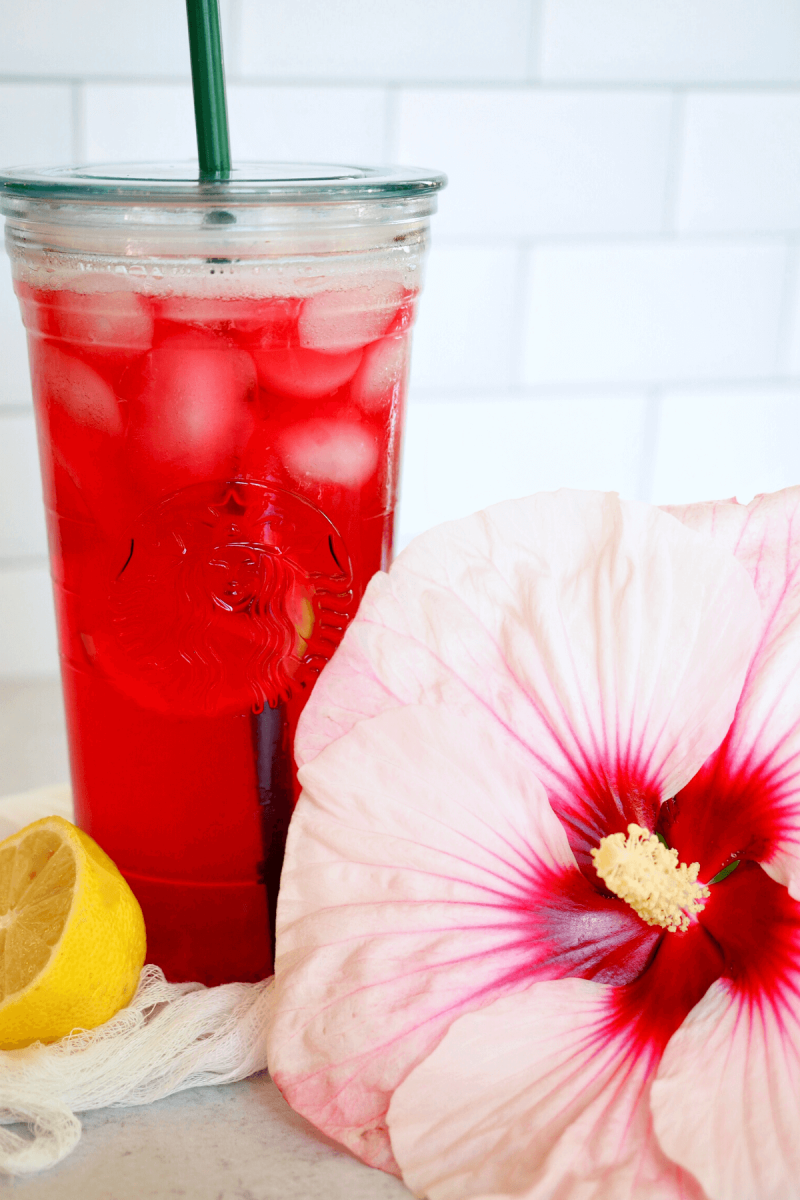 Passion tea concentrate with water and a little lemonade with hibiscus flour. 