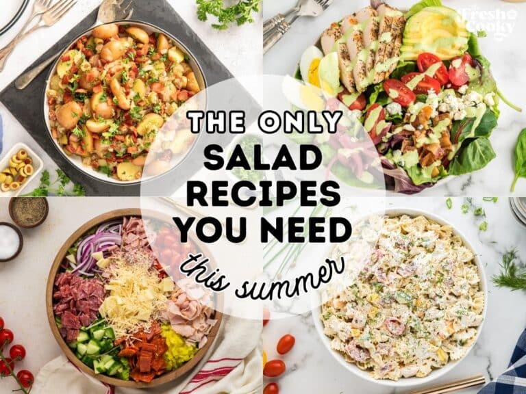 Image of four salads, L-R Warm German Potato Salad, Panera Green Goddess Chicken Salad, Grinder Salad and Chicken Bacon Ranch Pasta Salad, with text overlay, The only salad recipes you need this summer.