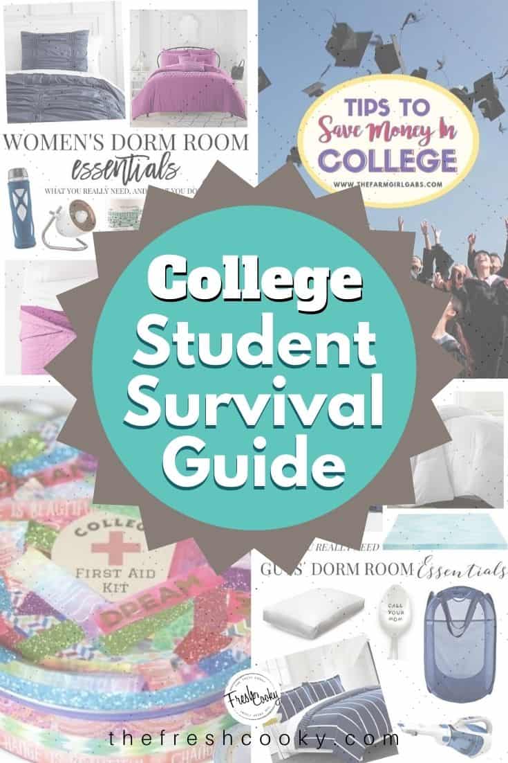 Pin for back to college a students survival guide with images of various items needed for college students.