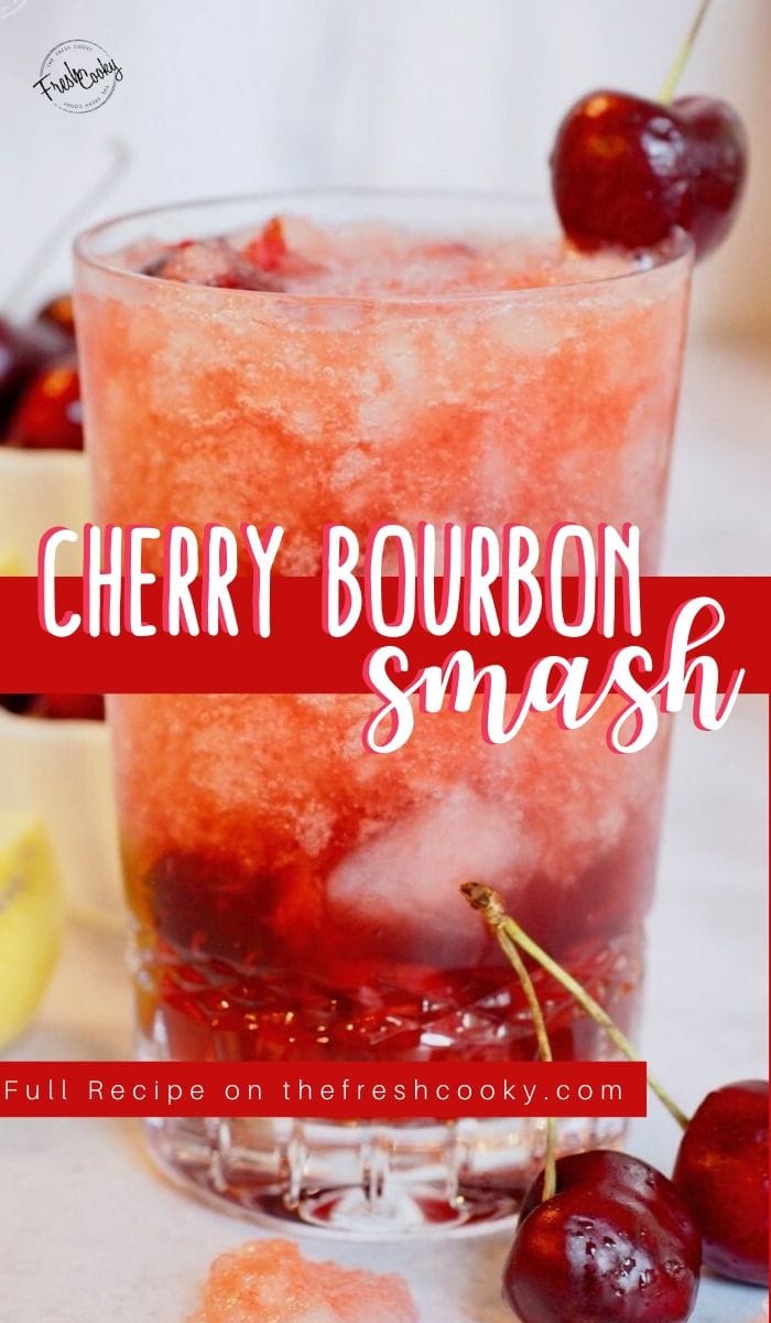 Long pin for Cherry Bourbon Smash with image of top of cherry bomb cocktail and bottom a separate of the lower part of the glass with fresh cherries. 