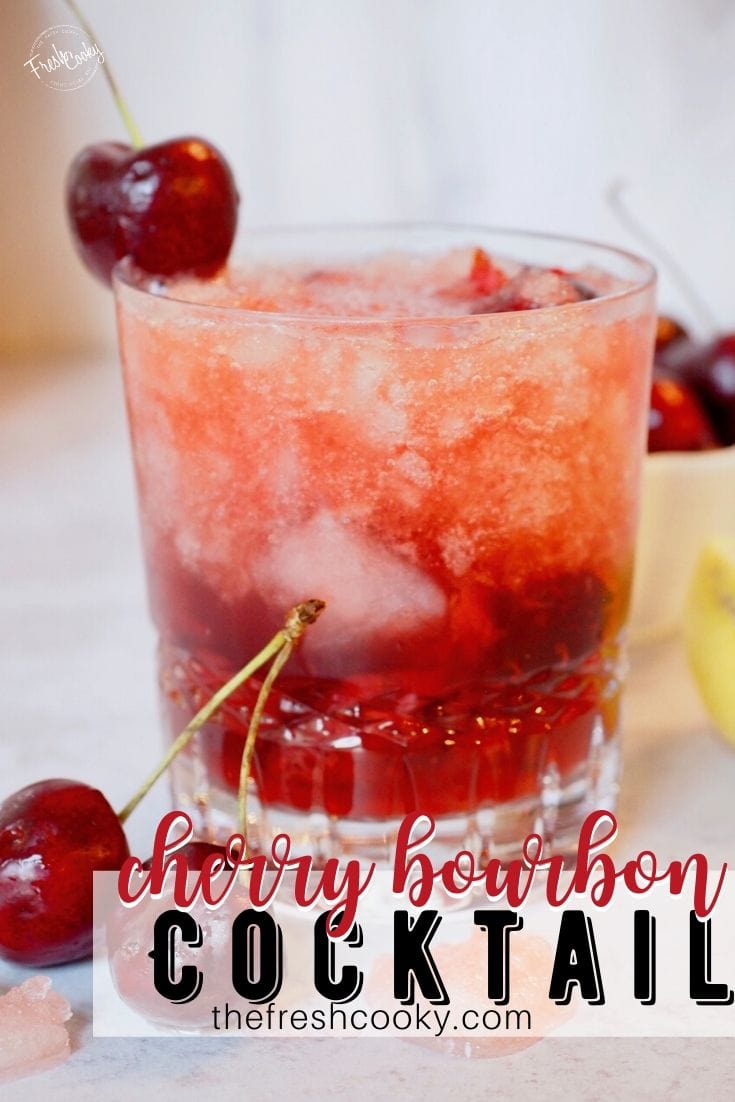 Pinterest Image for Cherry Bomb with fresh cherry on side of cocktail glass filled with the beverage. 