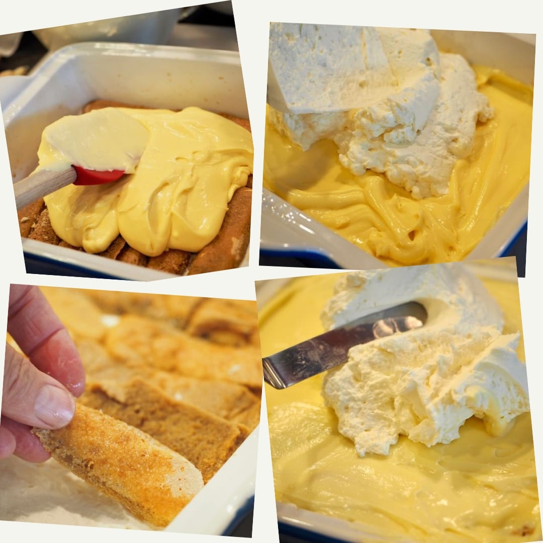 4 different images of the stages of making tiramisu. spreading cream on ladyfingers, spreading whipped cream on top, layering espresso and rum soaked ladyfingers, placing final custard and whipped cream on top.
