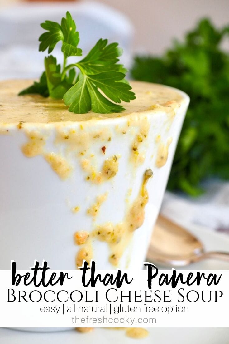 cup of broccoli cheddar cheese soup pin for Pinterest