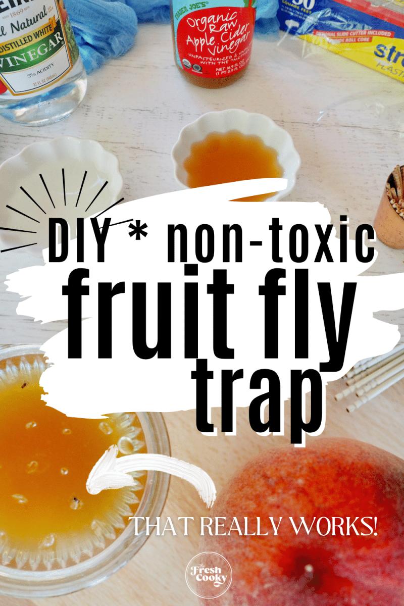Fruit fly trap recipe pin with top image of two small containers filled with apple cider vinegar and with white vinegar, bottom image of trap with caught fruit flies near peach.