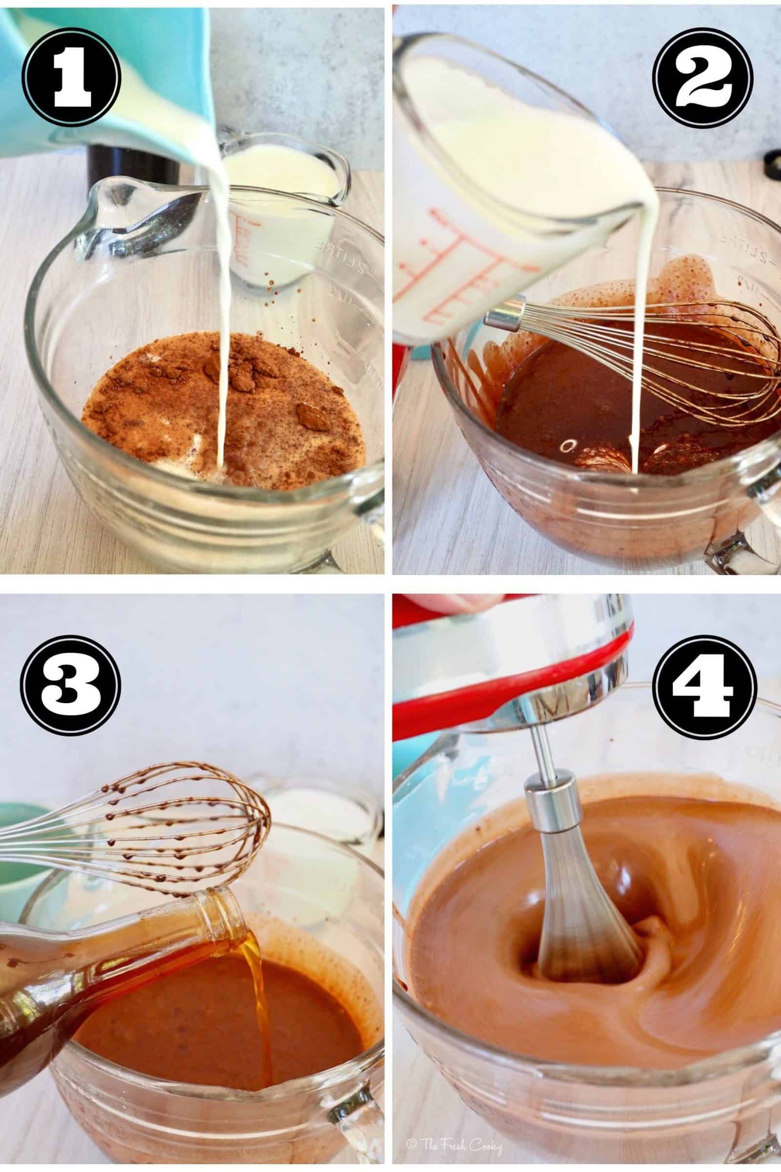 Process shots for old fashioned ice cream. 1. Adding cream to cocoa powder and sugar. 2. pouring in milk to mixture. 3. Whisking mixture.4. Using hand mixer to mix the chocolate ice cream mixture.
