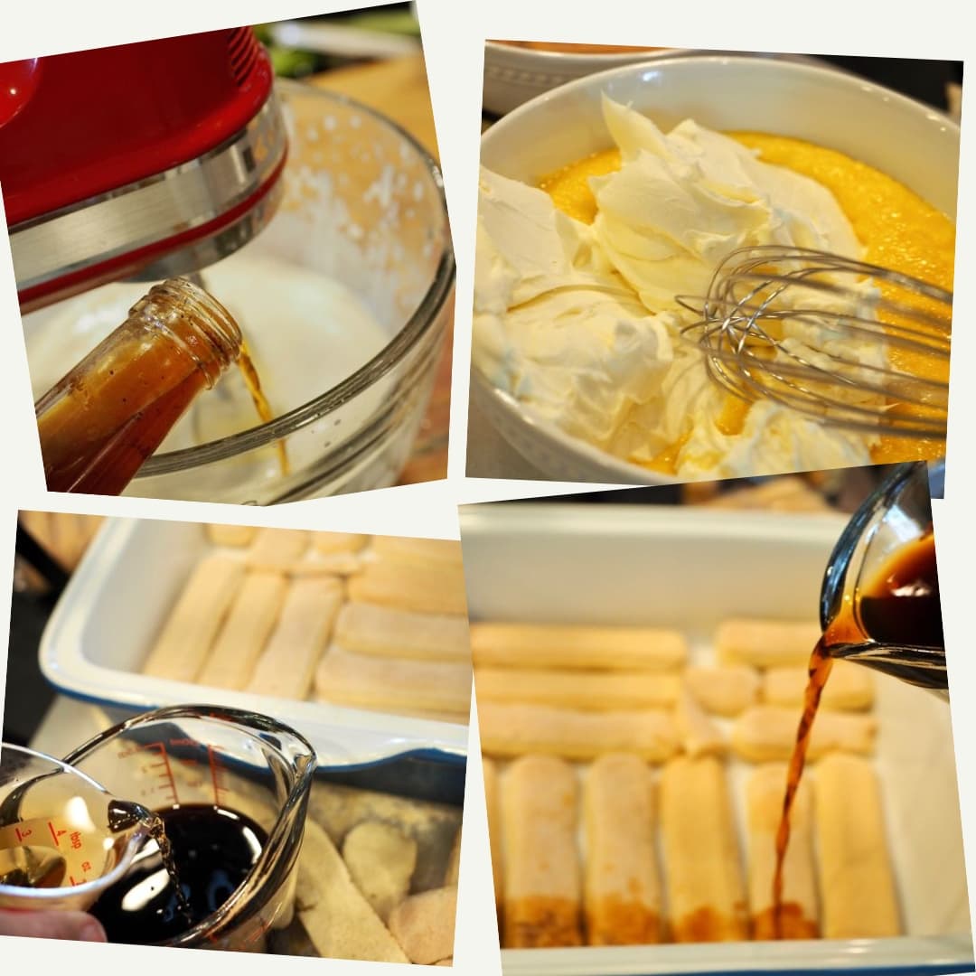 process shots for tiramisu, left to right. Vanilla being poured into mixing bowl with red hand mixer and whipping cream in bowl. Whisk adding mascarpone cheese into egg custard. Small measuring cup, pouring rum into another measuring cup with ladyfingers in pan in background. Final picture is rum/espresso mixture being poured over ladyfingers