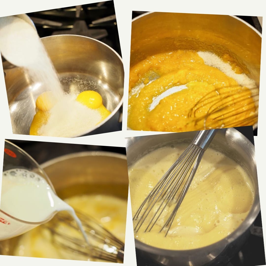 4 images of process shots for making custard for Traditional Tiramisu. Egg yolks and sugar. Whisking the egg yolks and sugar until creamy in a pot, 3rd pouring in milk and whisking until thickened in the 4th picture. 