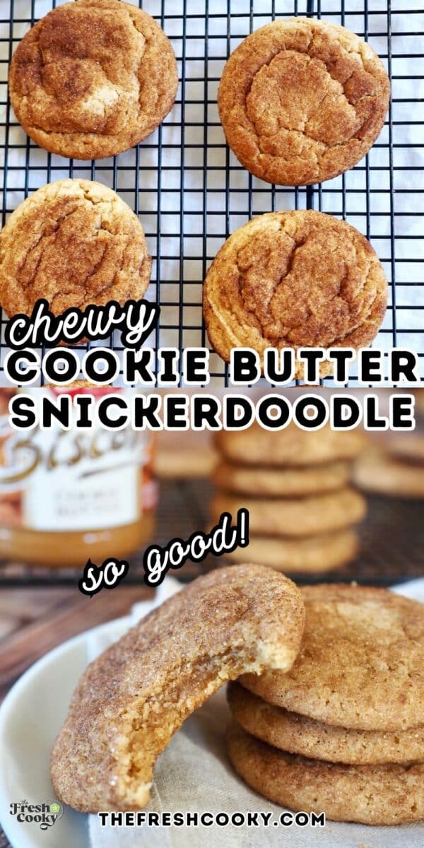Cookie butter snickerdoodles on a cooling rack and stacked on a plate with a bite taken out. For Pinning.