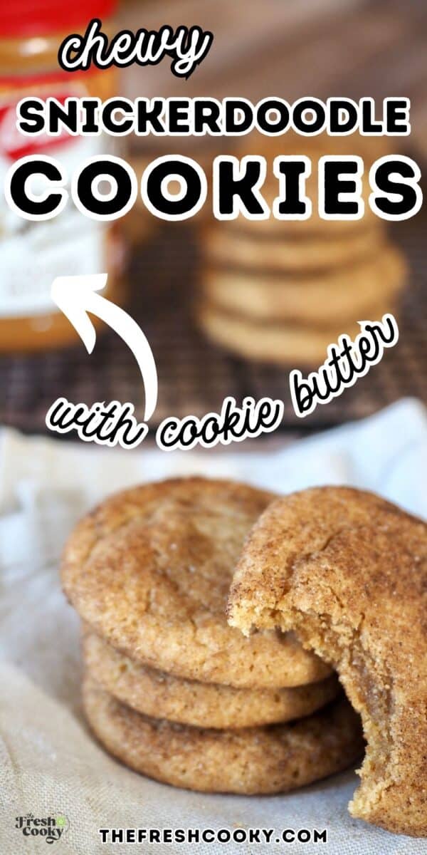 Stacks of cookie butter snickerdoodles with a jar of cookie butter in the background, to pin.