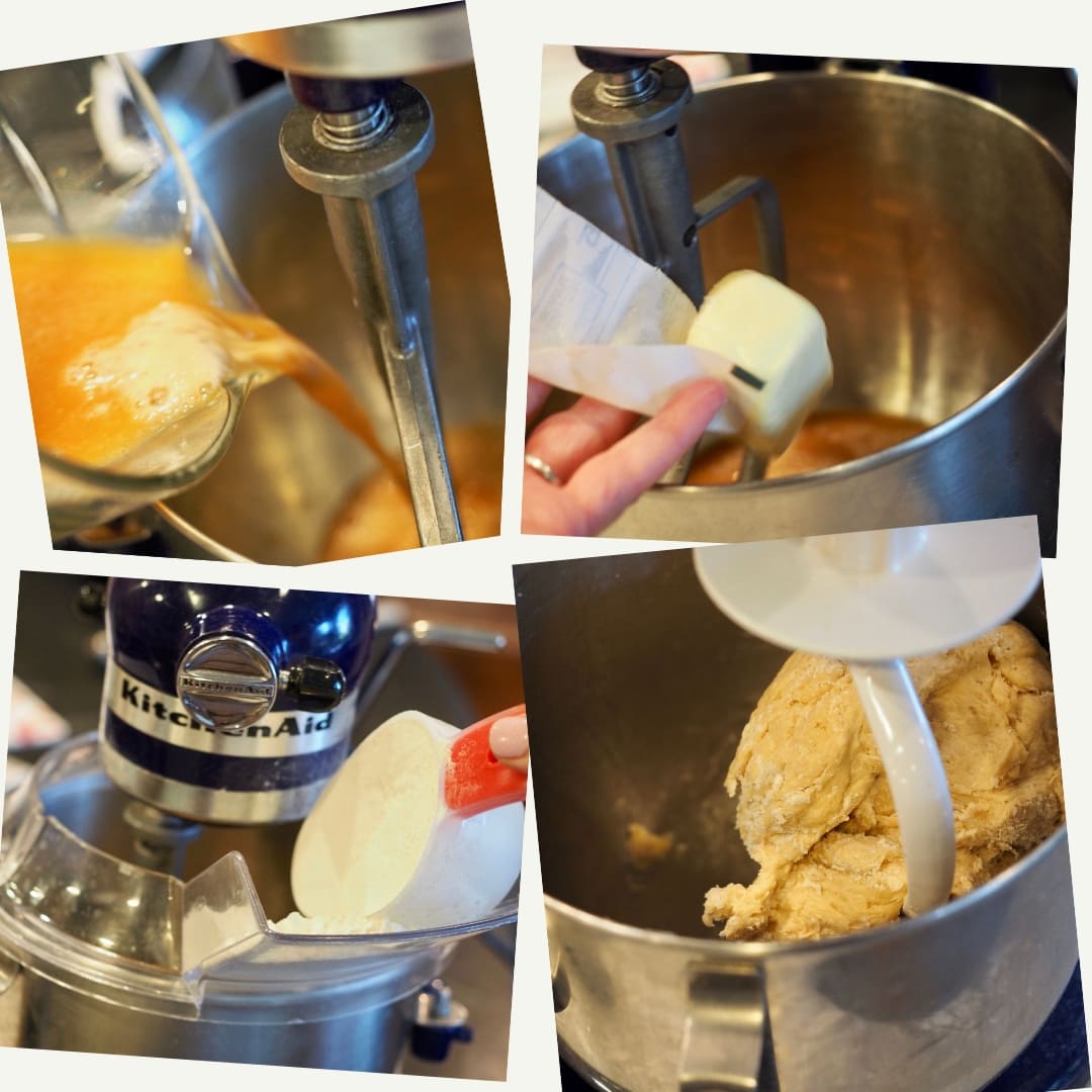 Process shots: Adding barley, yeast and warm water mixture to mixing bowl. 2, adding butter. 3. adding flour. 4. using a dough hook and mixing until smooth and stretchy. 