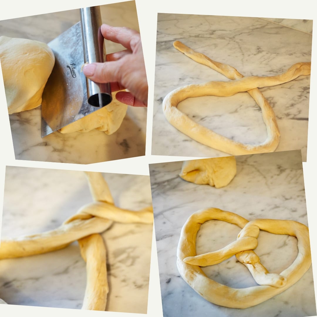 Process shots showing left to right how to shape into pretzel shape. Roll into rope, Twist top together, and twist again, attach ends to bottom of pretzel. 