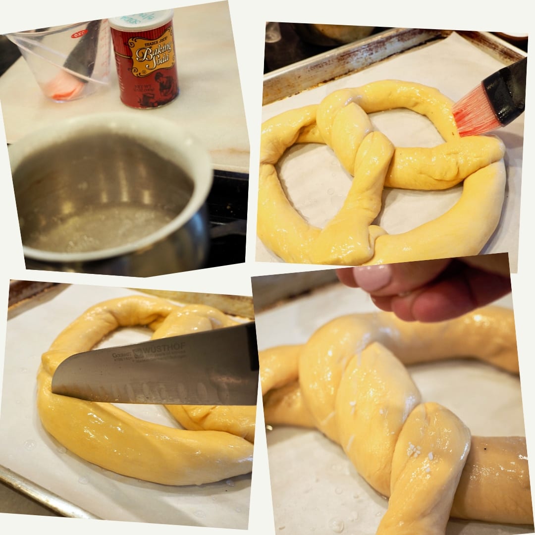 Process shots, left to right. Baking soda bath for pretzels. Using a pastry brush brushing soda water onto pretzels, slicing into bottom of pretzel for unique German look. Adding pretzel salt to pretzel. 