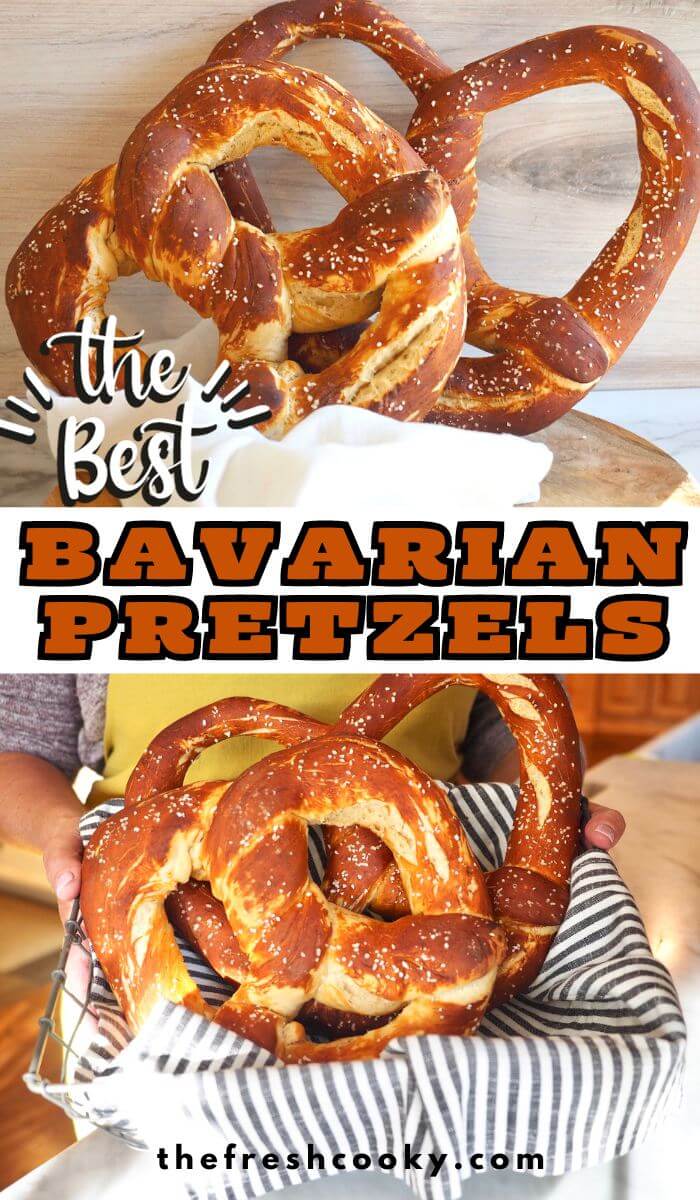 Two giant Bavarian pretzels in a basket and on a table, to pin.