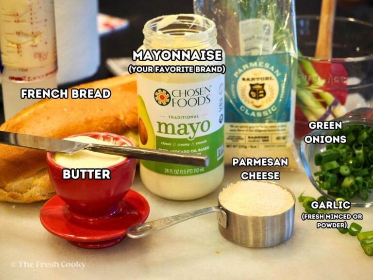 Labeled ingredients for cheesy bread.