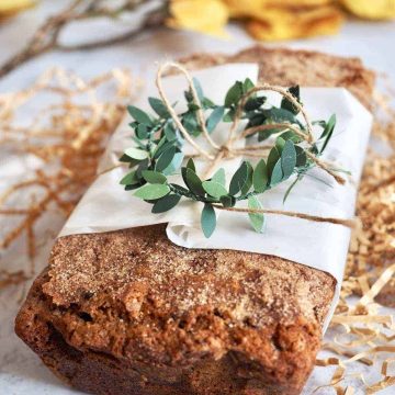 wrapped loaf of snickerdoodle zucchini bread | www.thefreshcooky.com