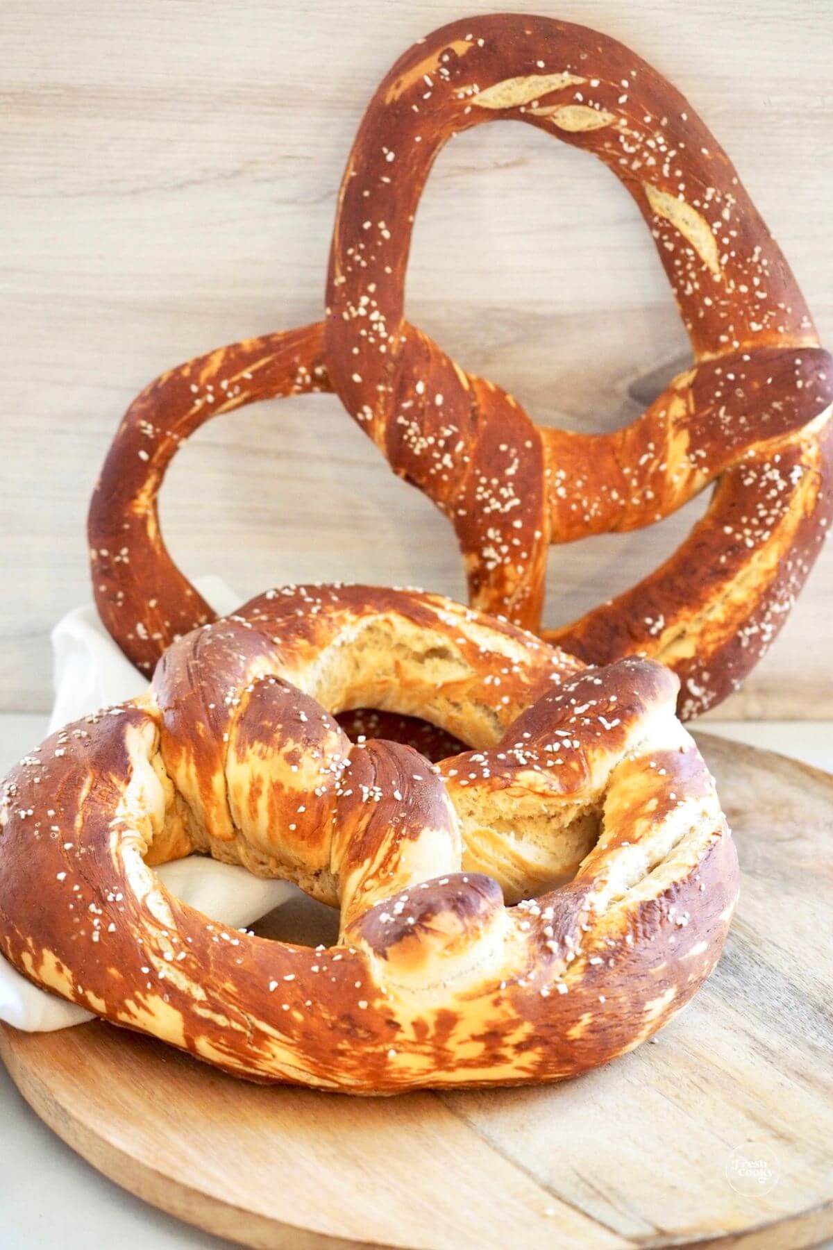 Two large German pretzels golden and ready to eat.