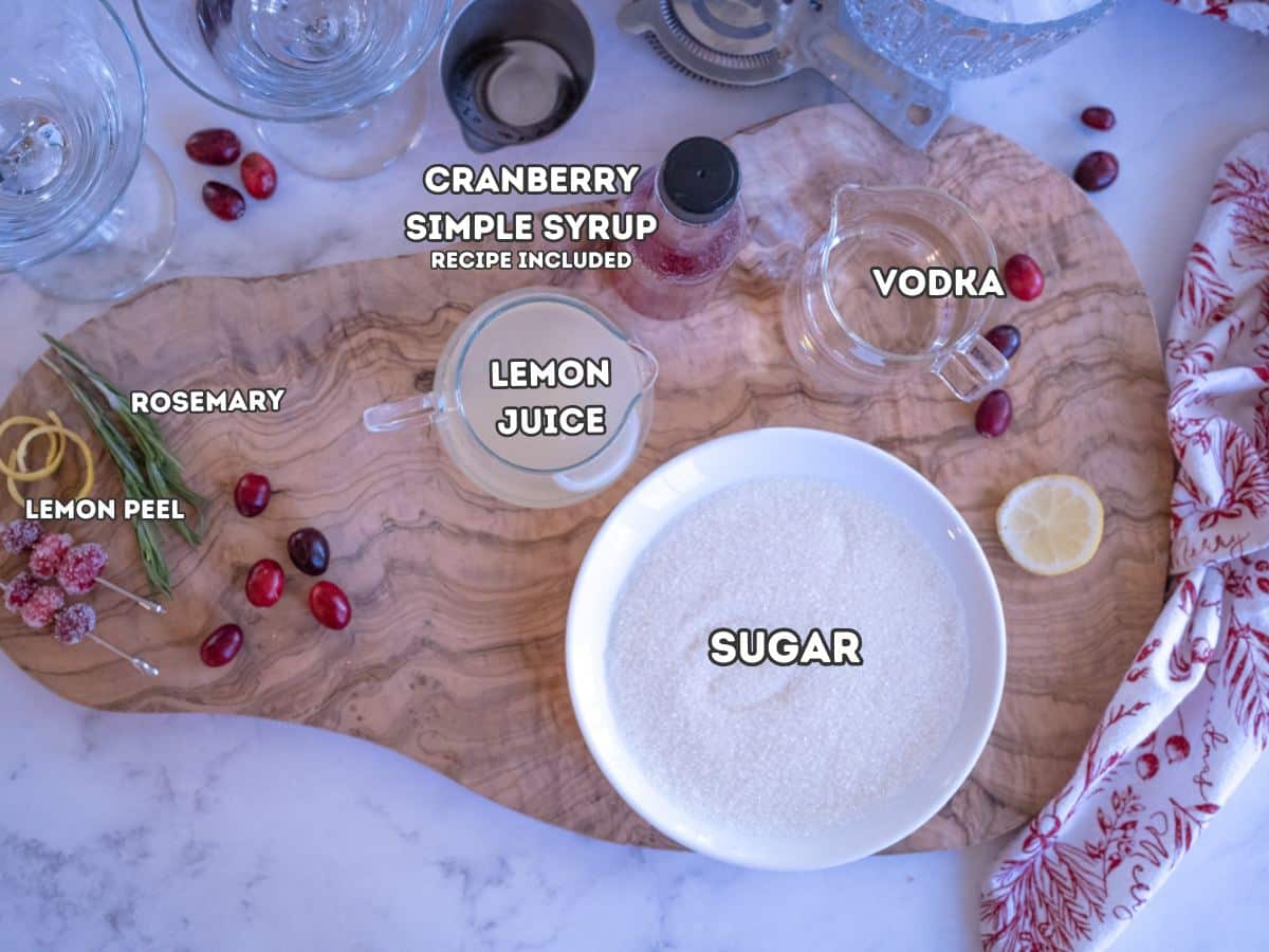 Labeled ingredients for Cranberry Lemon Drop Martini.