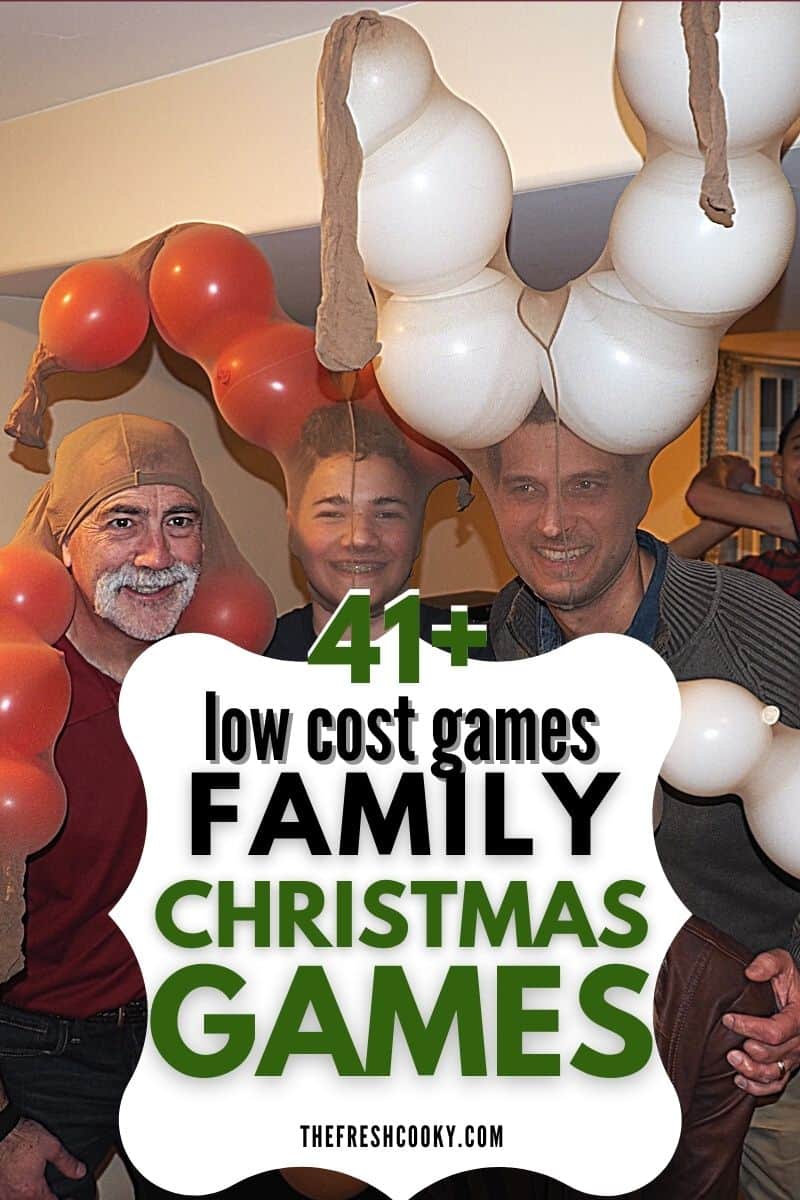 Pinterest Image with family with panty hose and balloons like reindeers on their heads, family Christmas Games.