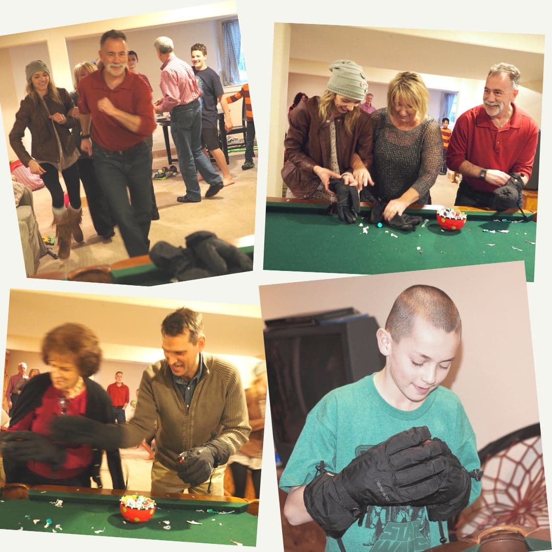Four images of our family members playing ski gloves and kisses a family game unwrapping chocolate kisses with ski gloves on.