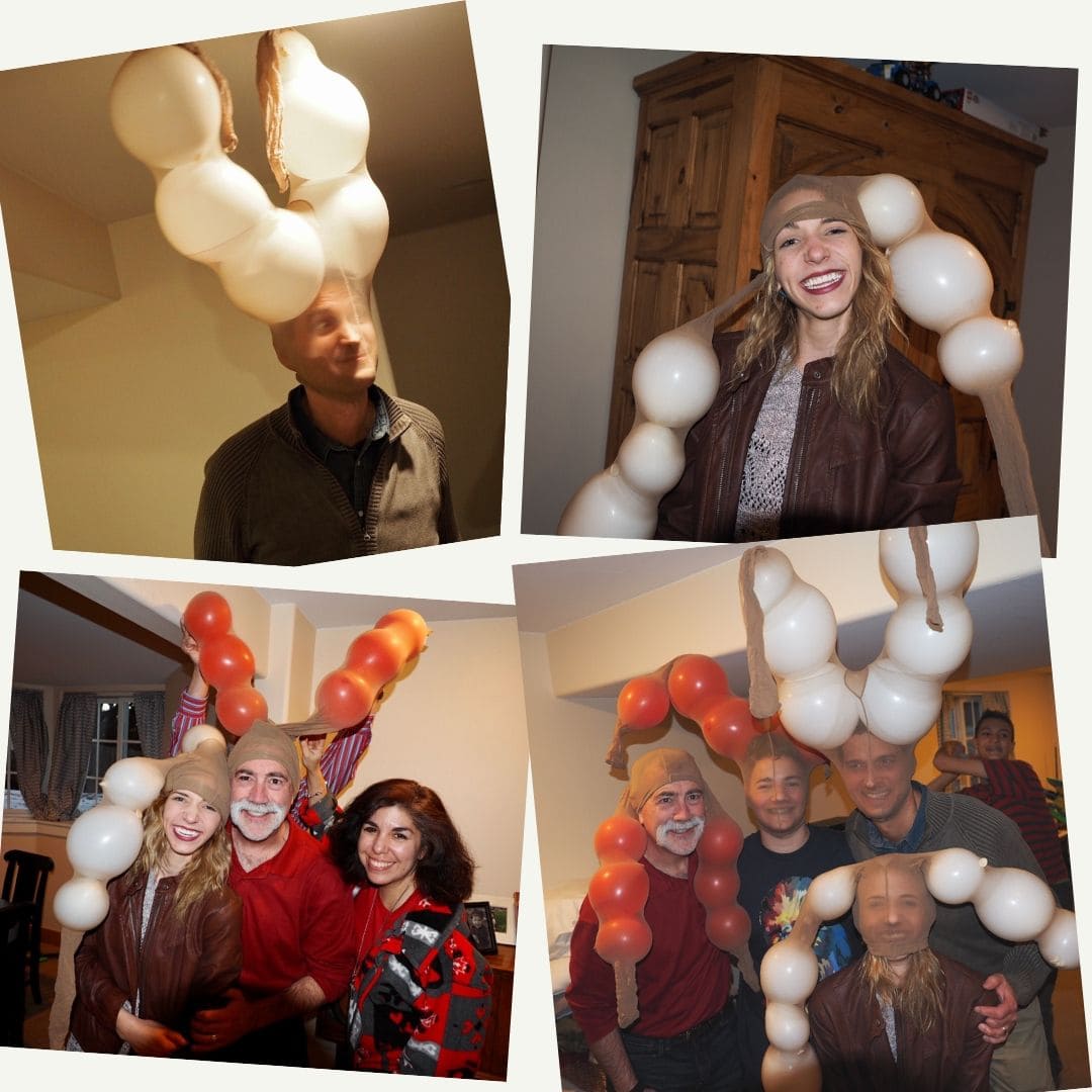 four images of family members with panty hose on heads filled with balloons after playing the games. 