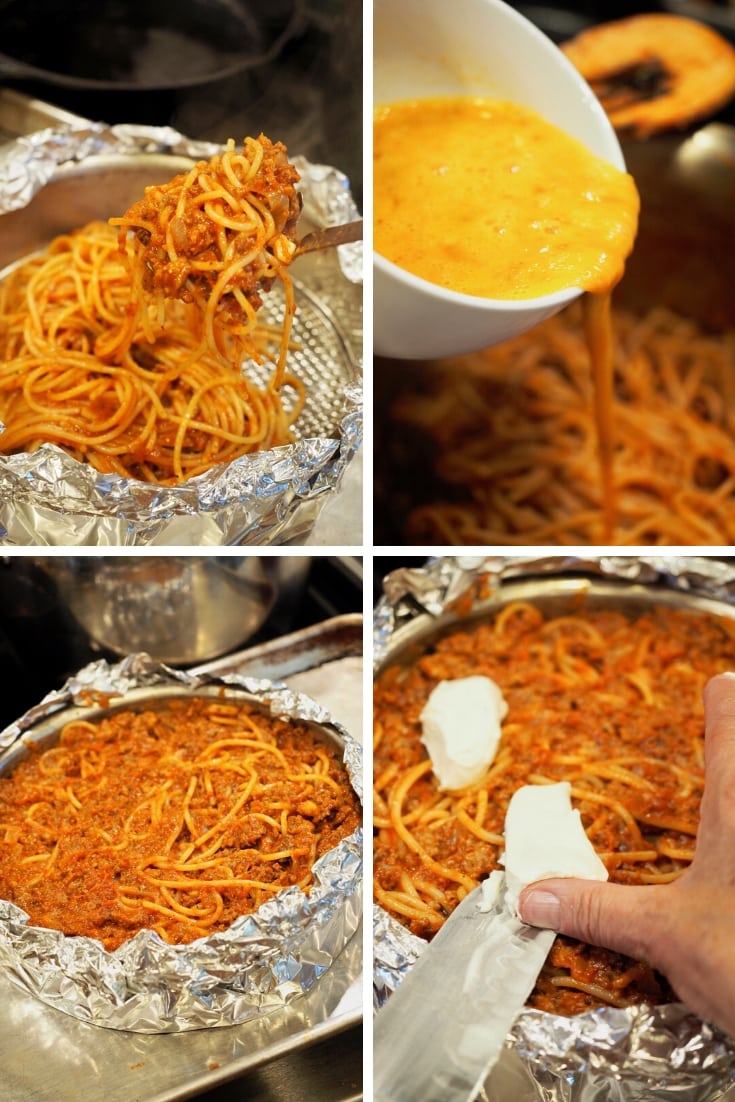 Process shots for easy baked spaghetti pie 1) pouring spaghetti into springform pan 2) adding egg mixture over spaghetti pie 3) evened out baked spaghetti 4) adding sliced mozzarella to baked spaghetti pie. 