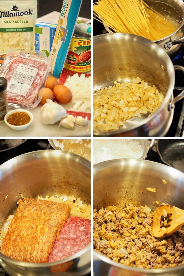 image of 4 stages of spaghetti pie, ingredients, sauteing onions, browning meat and sausage. 