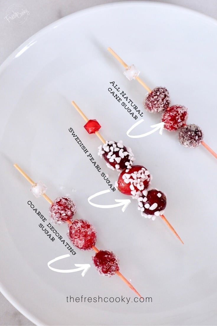 sugared cranberries, 3 different sugars, on cocktail picks | www.thefreshcooky.com