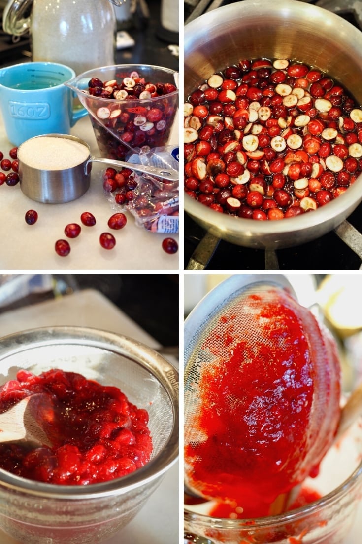 Simple ingredients and process pin for Cranberry Simple Syrup | thefreshcooky left to right. fresh cranberries with sugar and water, 2. water, sugar and cranberries in pot. 3. straining cranberries through mesh strainer, 4. scraping off all of the cranberry yum.