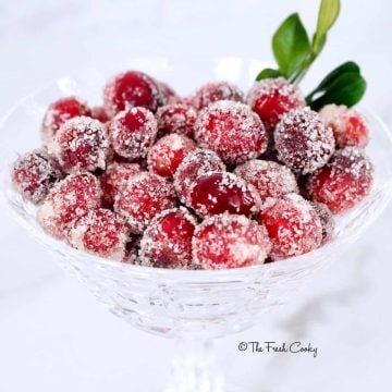 crystal bowl of sugared cranberries | thefreshcooky