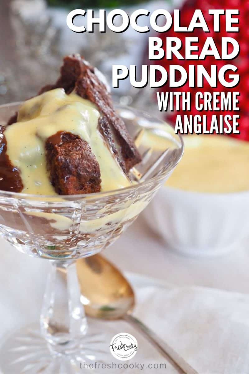 Pinterest image of chocolate bread pudding in a crystal glass
