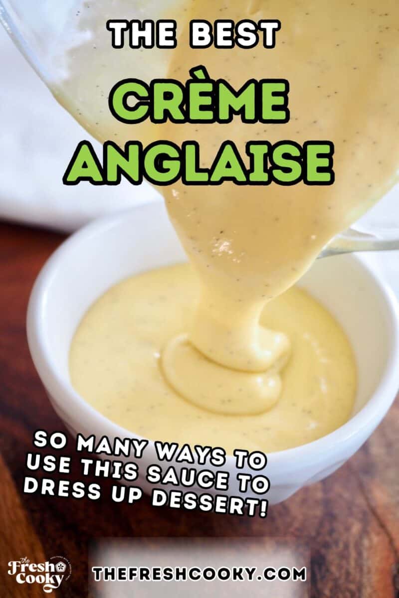 Pouring thick, custardy creme anglaise into a bowl for serving. A French pouring custard great for dessert sauces, to pin.