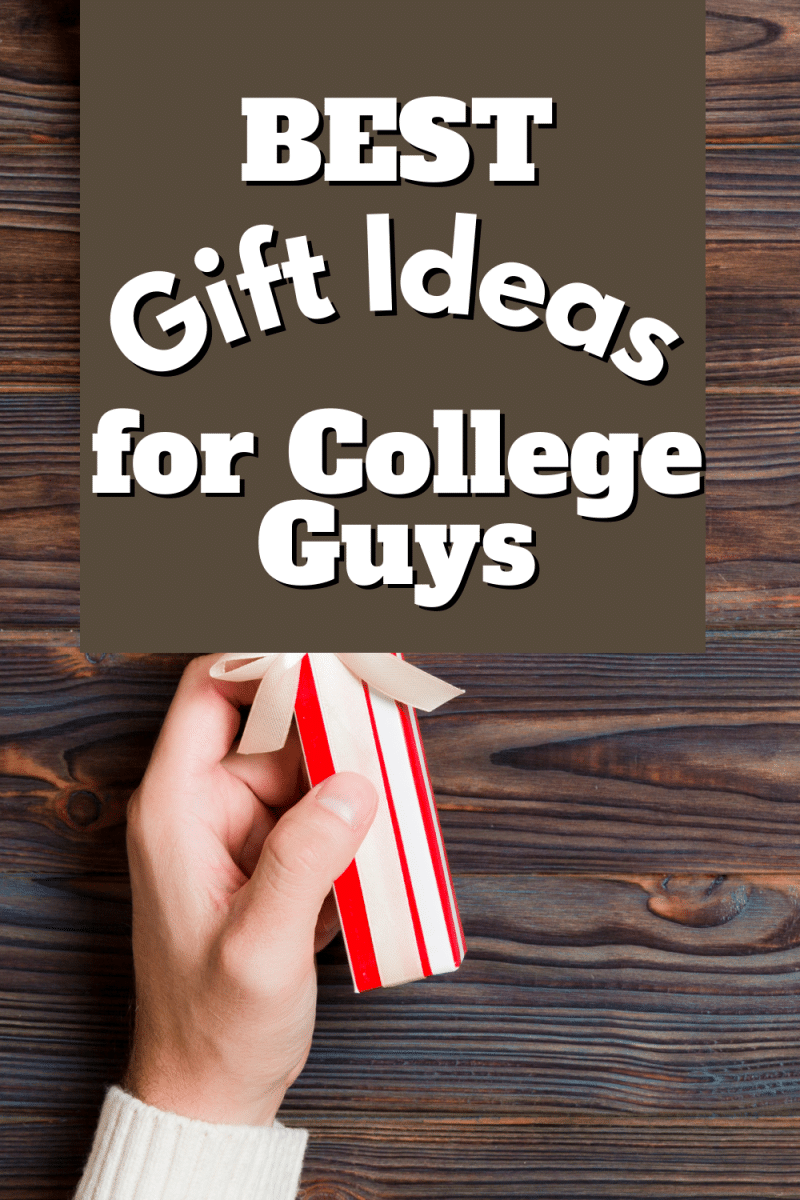 Pin for best gift ideas for college guys with mans hand holding a small gift.