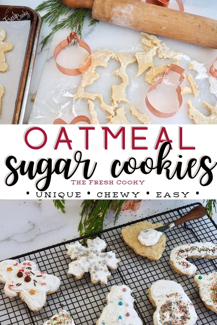 Pinterest image for Oatmeal Sugar Cookies, two images top images using cookie cutters to cut cookies, bottom image frosted and decorated cookies.